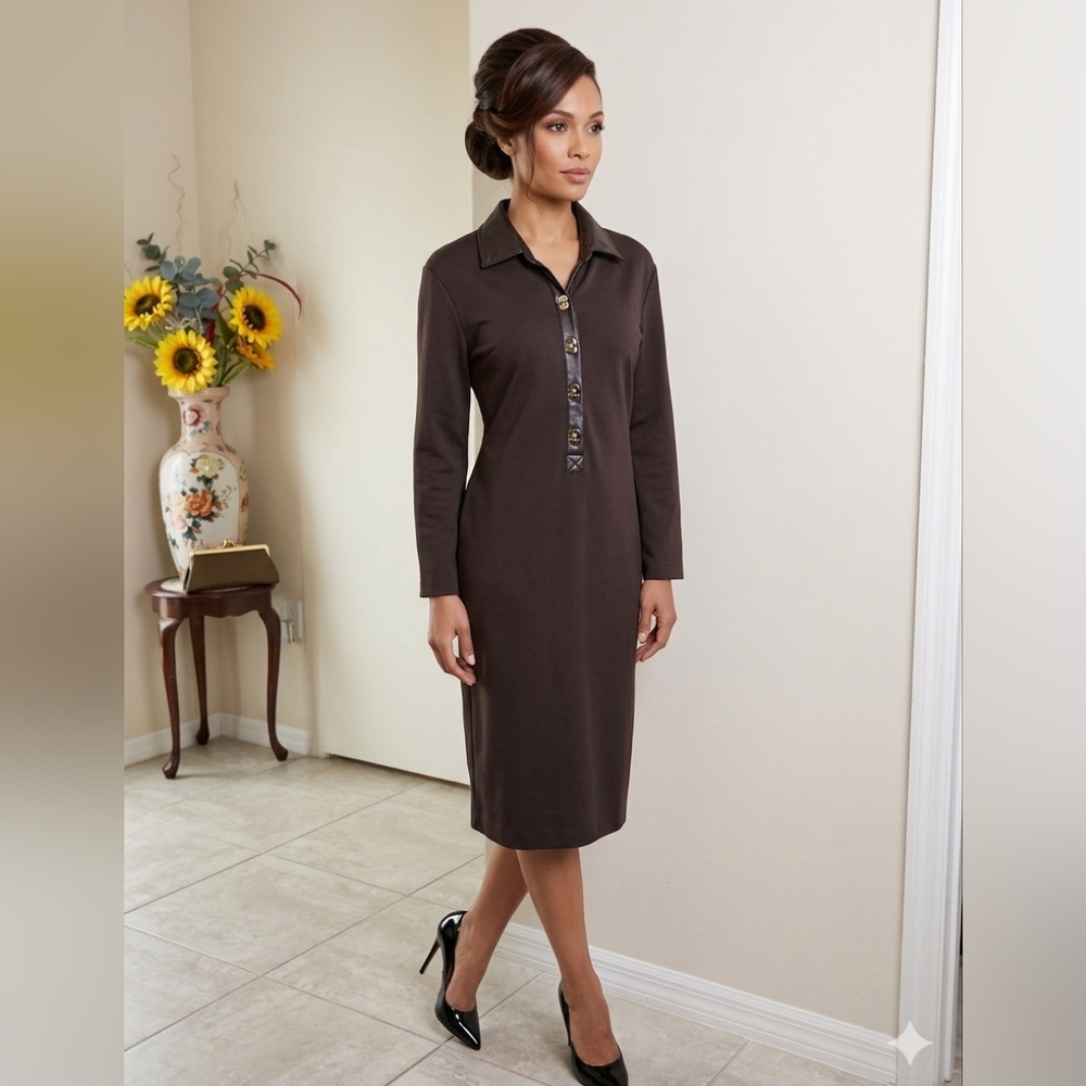 Classic Long Sleeve Polo Shirt Dress in Dark Brown